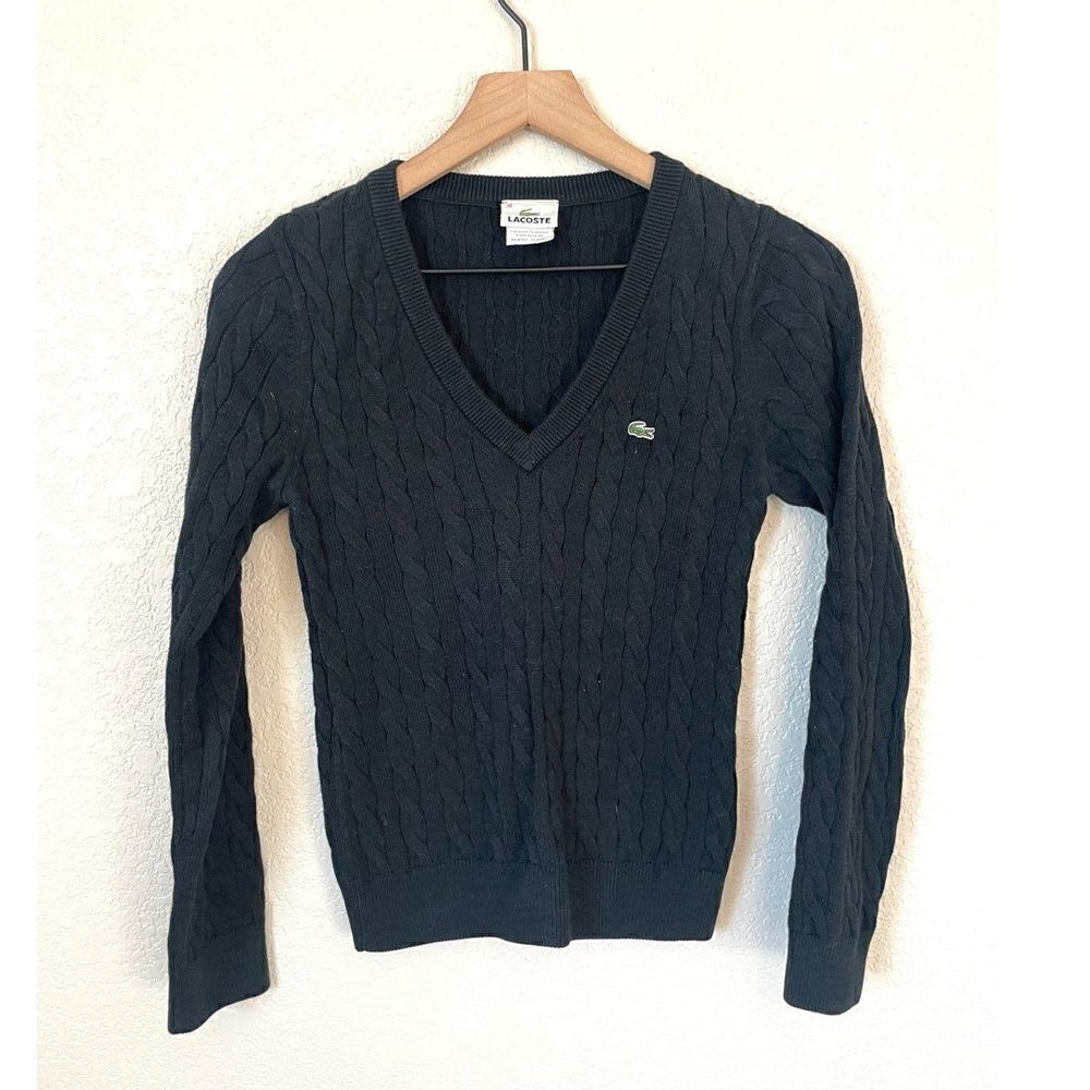 Lacoste 38 Black Preppy Cotton Cable Knit V Neck Sweater